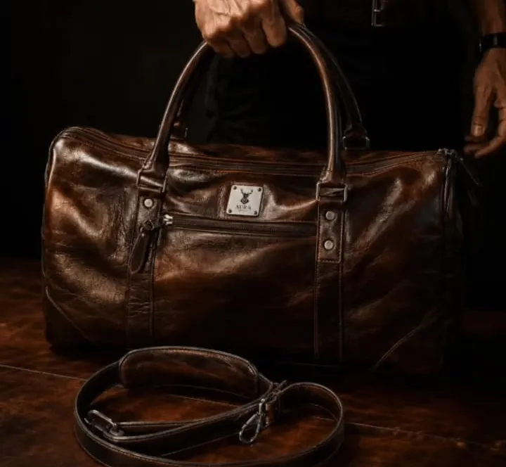 Bolso de viaje de cuero AURA VOYAGER iluminado sobre fondo oscuro, con la forma de duffle clásica y el cuero encerado marcando los pliegues.