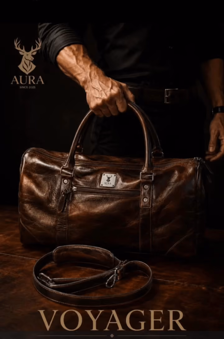 Bolso de viaje de cuero AURA VOYAGER en color tabaco, vista de perfil, con asas dobles remachadas y bandolera desmontable con hombrera de cuero.