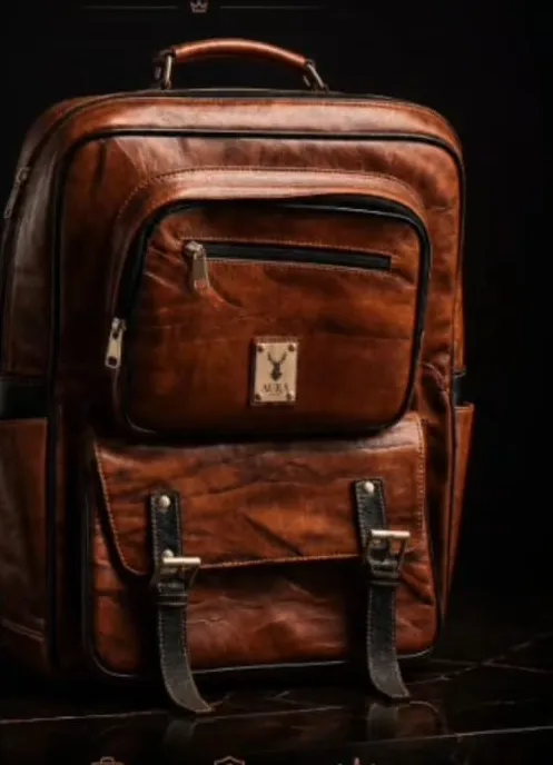 Mochila de cuero AURA MONARCH en cognac iluminada sobre fondo oscuro, con la pátina viva del cuero encerado visible en los pliegues.
