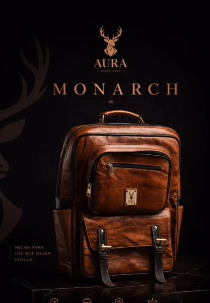 Mochila de cuero AURA MONARCH en color cognac, vista de tres cuartos frontal, con doble hebilla de latón macizo sobre bolsillo de tapa.