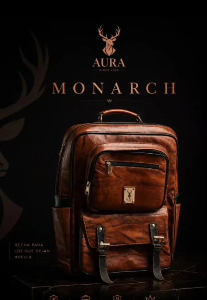 Detalle del cuero encerado de una mochila AURA MONARCH en cognac, donde se aprecia el poro natural y la veta del material.