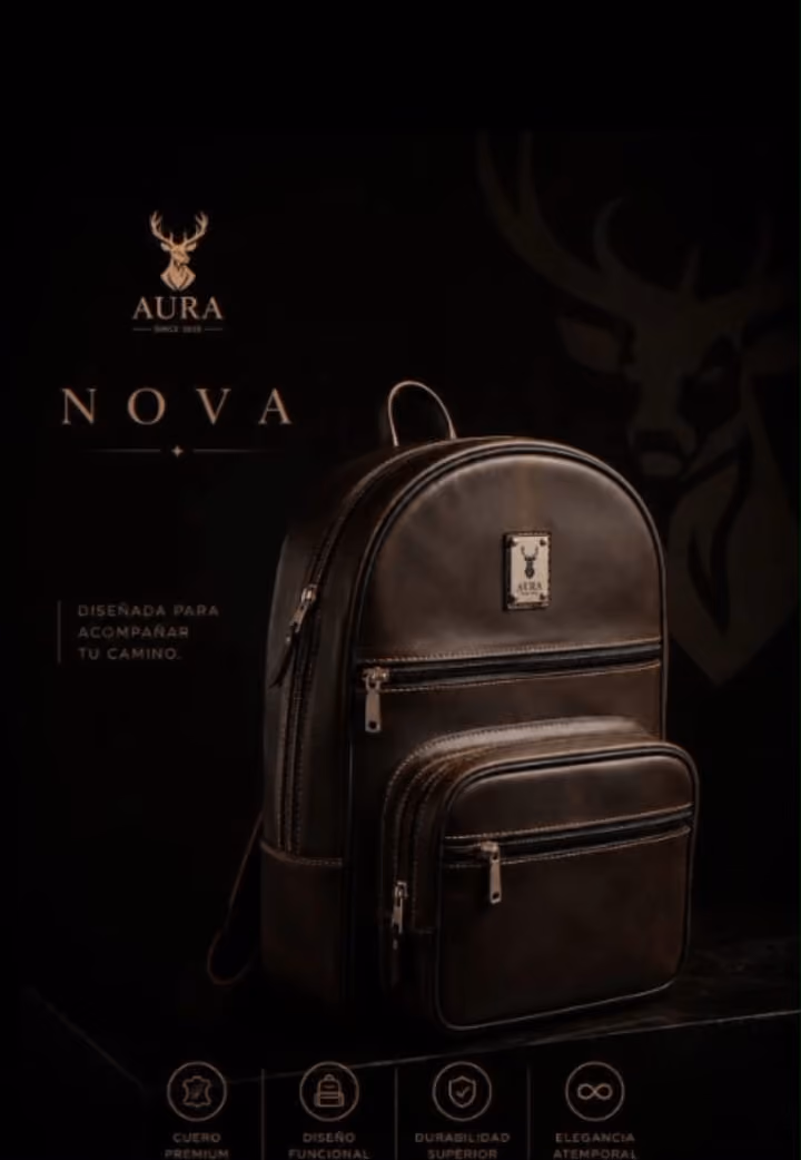 Mochila de cuero AURA NOVA en color chocolate, vista de tres cuartos frontal, con herrajes de latón envejecido y bolsillo frontal de doble cierre.