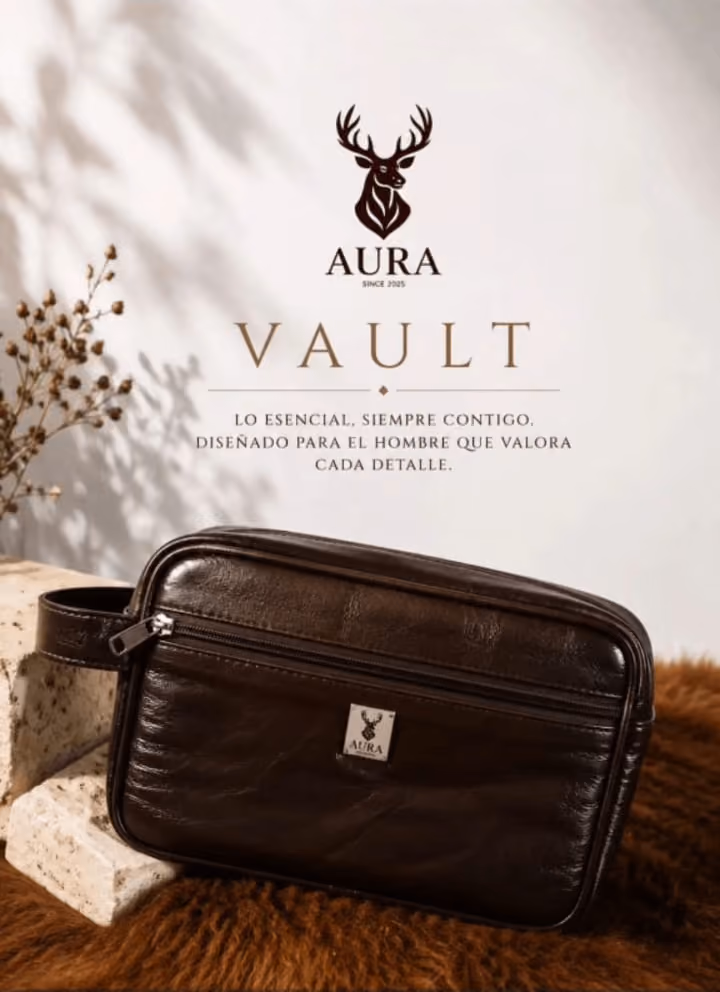 Neceser de cuero AURA VAULT en color ónix, vista frontal, con cierre corrido de lado a lado y asa lateral de cuero.